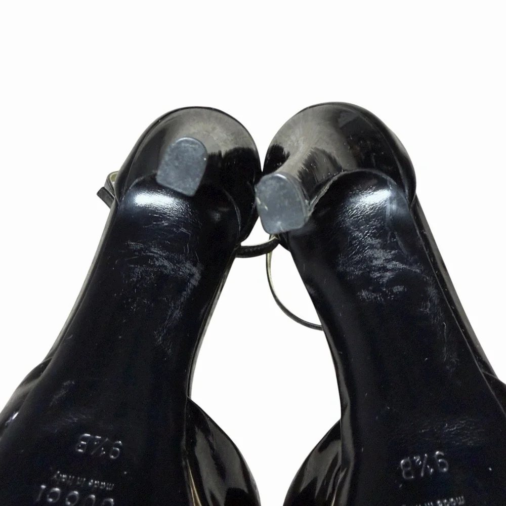 Gucci Black Patent Leather‎ Gold Platform Peep Toe Heels 9.5B Made in Italy